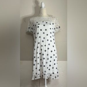 NWT Beautiful Karl Lagerfeld Paris Short-Sleeve Ivory Navy Polka Dot Dress. Sz 8